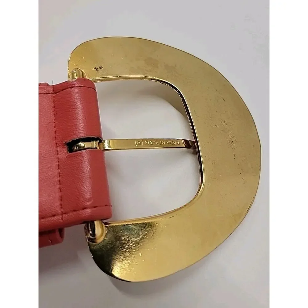 CARLISLE Vintage Leather XL Red Belt W/Hammered Gold Tone Disks Statement Buckle